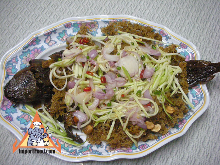Cotton fish with green mango salad pla dook foo