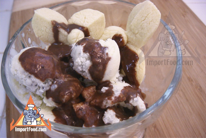 Ice cream with basil seeds & chocolate ginger ganache