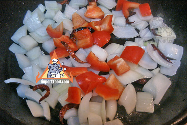 Frying onion bell pepper and chile