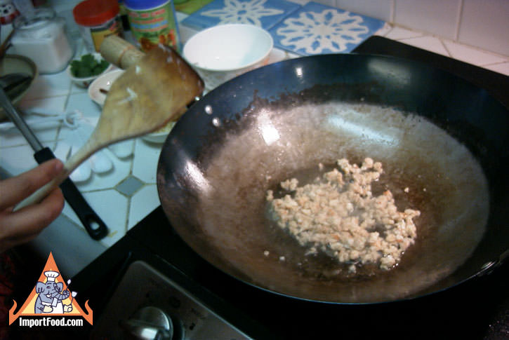 Frying shrimp and ground pork